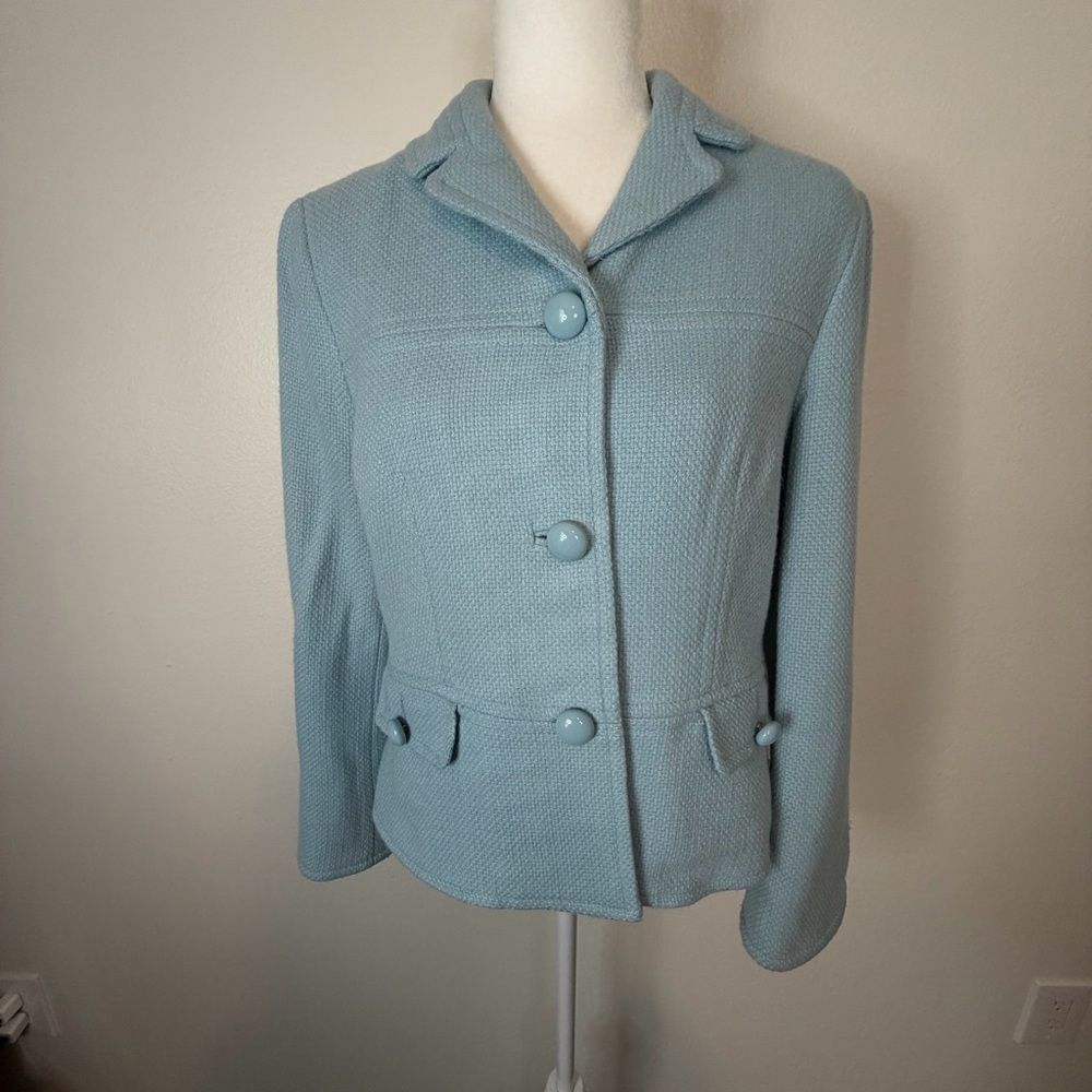 Talbots Blazer Jacket Size 12P Petite Light Blue Fully Lined Textured Wool Blend